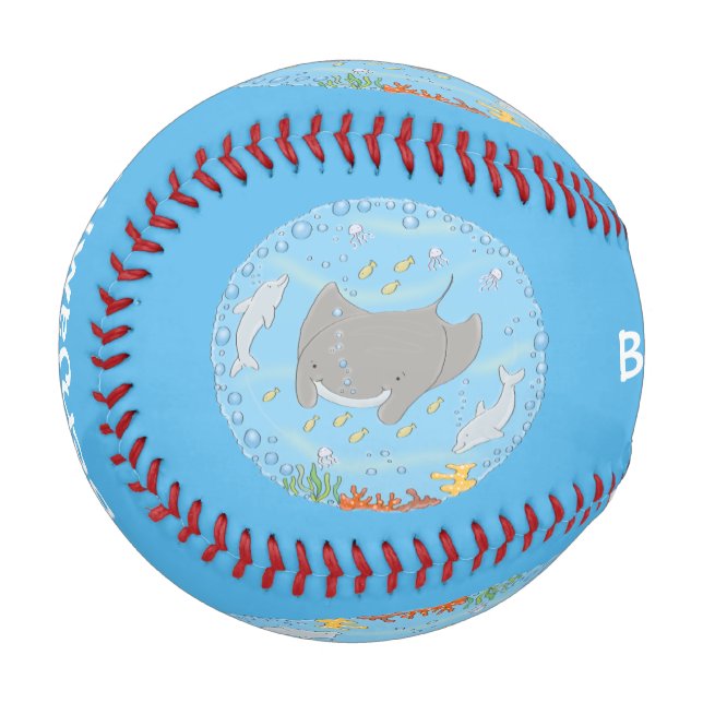 Cute manta ray and bubbles cartoon illustration baseball (Front Left)