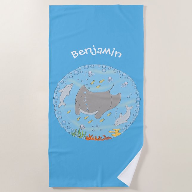 Cute manta ray and bubbles cartoon illustration beach towel (Front)