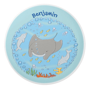 Cute manta ray and bubbles cartoon illustration ceramic knob