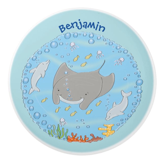 Cute manta ray and bubbles cartoon illustration ceramic knob (Front)