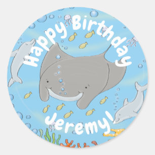 Cute manta ray and bubbles cartoon illustration classic round sticker
