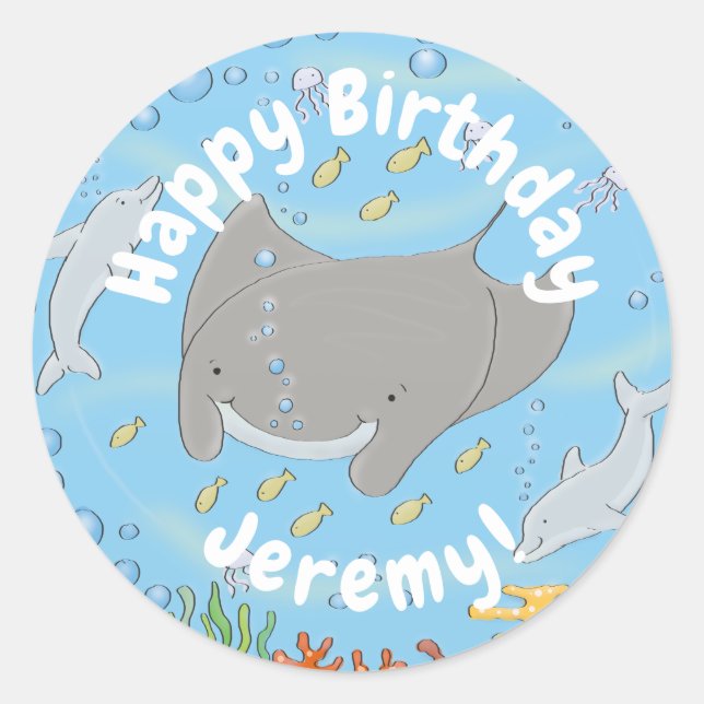Cute manta ray and bubbles cartoon illustration classic round sticker (Front)
