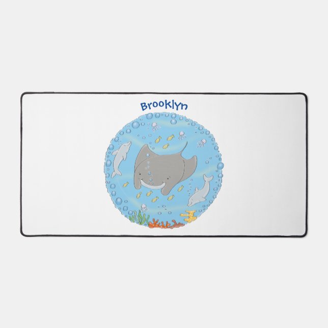 Cute manta ray and bubbles cartoon illustration desk mat (Front)