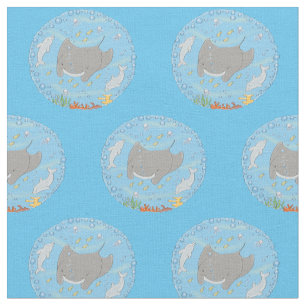 Cute manta ray and bubbles cartoon illustration fabric