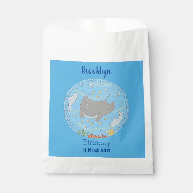 Cute manta ray and bubbles cartoon illustration favour bags (Front)