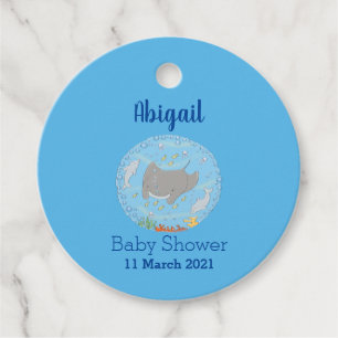 Cute manta ray and bubbles cartoon illustration favour tags