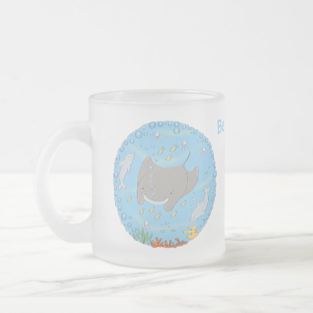 Cute manta ray and bubbles cartoon illustration frosted glass coffee mug (Left)