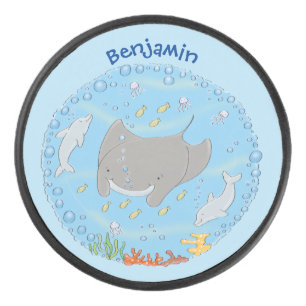 Cute manta ray and bubbles cartoon illustration hockey puck