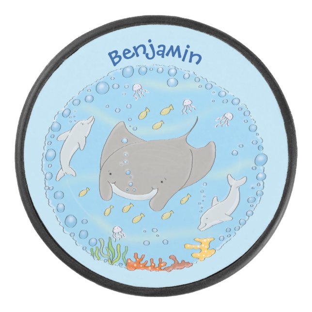 Cute manta ray and bubbles cartoon illustration hockey puck (Front)