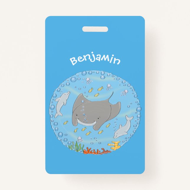 Cute manta ray and bubbles cartoon illustration ID badge (Front)