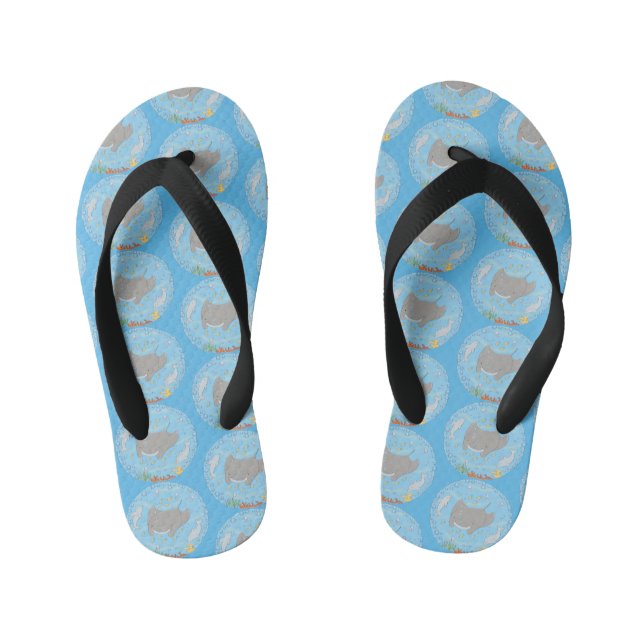 Cute manta ray and bubbles cartoon illustration kid's flip flops (Footbed)