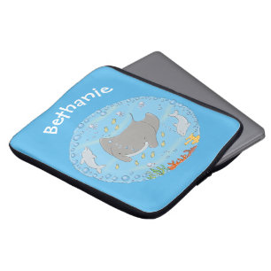 Cute manta ray and bubbles cartoon illustration laptop sleeve