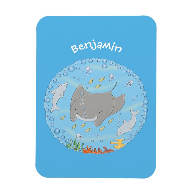Cute manta ray and bubbles cartoon illustration magnet (Vertical)