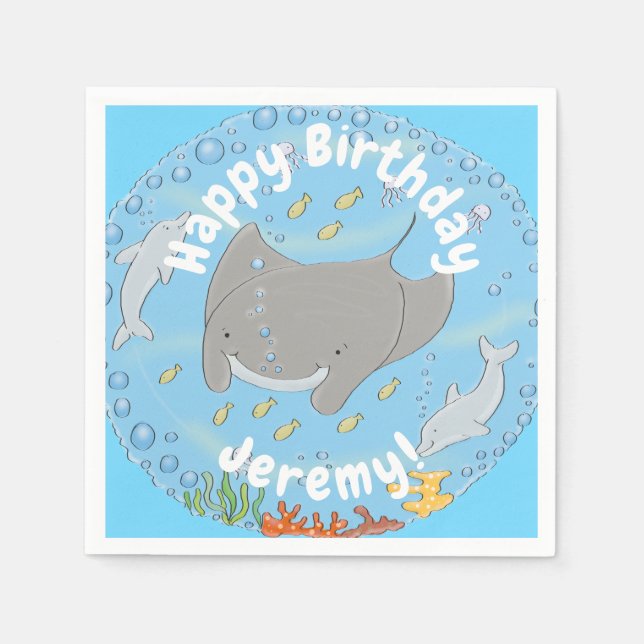 Cute manta ray and bubbles cartoon illustration napkin (Front)