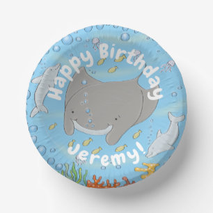Cute manta ray and bubbles cartoon illustration paper plate