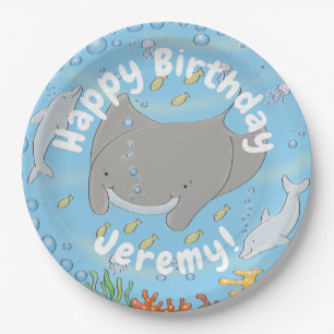 Cute manta ray and bubbles cartoon illustration paper plate