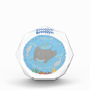 Cute manta ray and bubbles cartoon illustration photo block