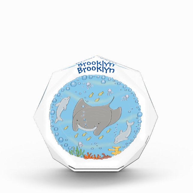 Cute manta ray and bubbles cartoon illustration photo block (Front)