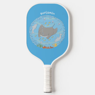 Cute manta ray and bubbles cartoon illustration pickleball paddle