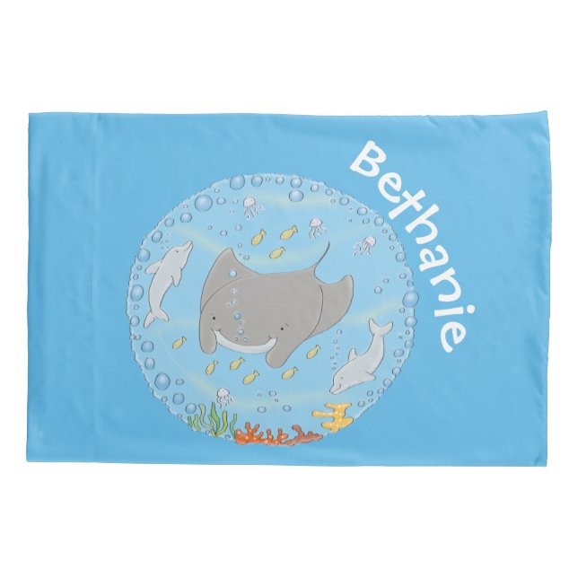 Cute manta ray and bubbles cartoon illustration pillowcase (Back)