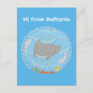 Cute manta ray and bubbles cartoon illustration postcard
