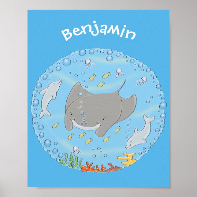 Cute manta ray and bubbles cartoon illustration poster (Front)