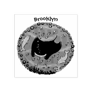 Cute manta ray and bubbles cartoon illustration rubber stamp