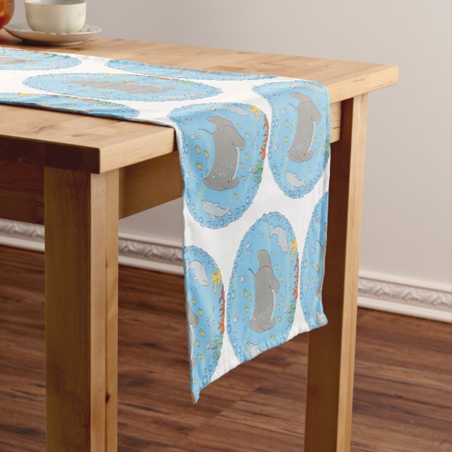 Cute manta ray and bubbles cartoon illustration  short table runner (In Situ)
