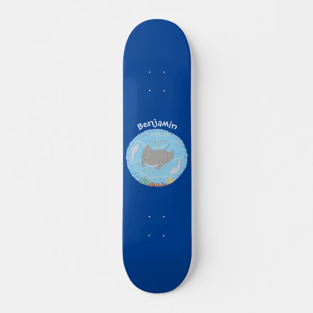 Cute manta ray and bubbles cartoon illustration skateboard (Front)