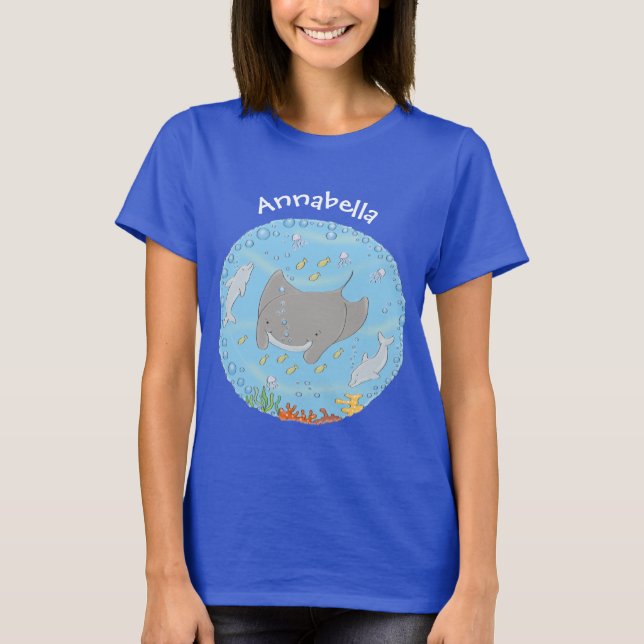 Cute manta ray and bubbles cartoon illustration T-Shirt (Front)