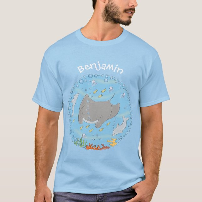 Cute manta ray and bubbles cartoon illustration T-Shirt (Front)