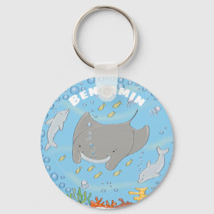 Cute manta ray and dolphins cartoon illustration key ring