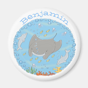Cute manta ray and dolphins cartoon illustration magnet