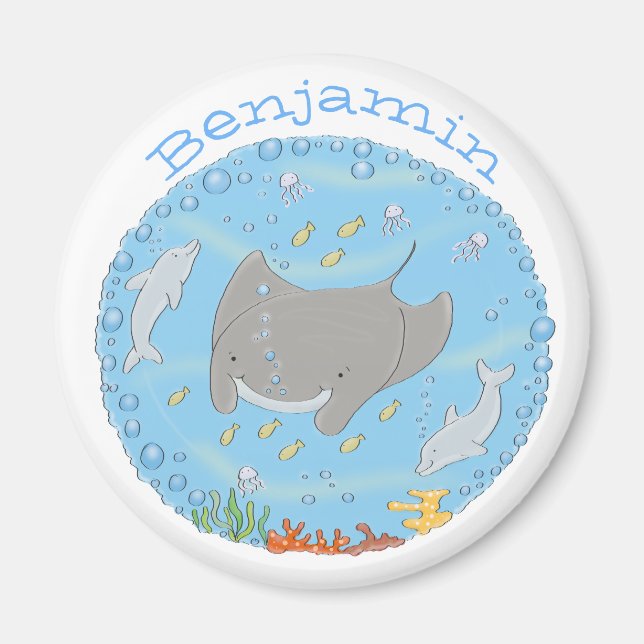 Cute manta ray and dolphins cartoon illustration magnet (Front)