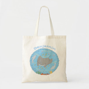 Cute manta ray and dolphins cartoon illustration tote bag