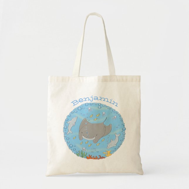 Cute manta ray and dolphins cartoon illustration tote bag (Front)