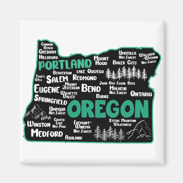 Cute map of Oregon, Portland, Salem, Eugene, Magnet (Front)