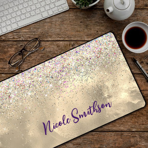 Cute marble art gold faux glitter desk mat