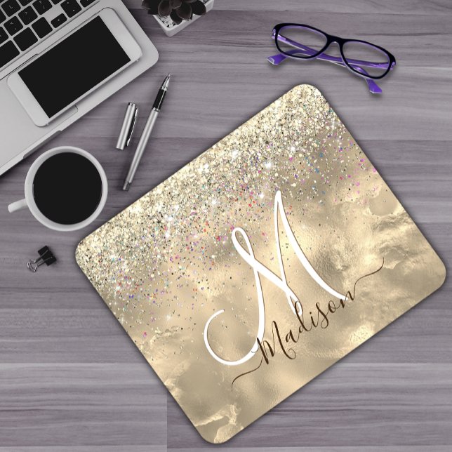 Cute marble art gold faux glitter monogram mouse mat (Creator Uploaded)