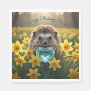 Cute March Hedgehog with Aquamarine Heart Napkin