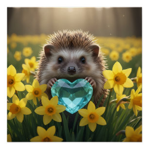 Cute March Hedgehog with Aquamarine Heart Poster