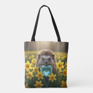 Cute March Hedgehog with Aquamarine Heart Tote Bag