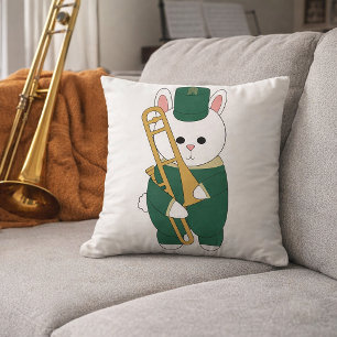 Cute Marching Bunny Trombone Player Cartoon Green Cushion