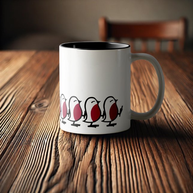 Cute Marching Robins Simple Bird Line Drawing Two-Tone Coffee Mug (Creator Uploaded)