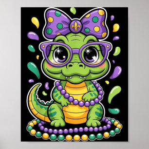 Cute Mardi Gras Alligator Beads Bow Poster