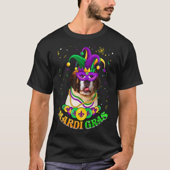 Cute Mardi Gras Bernard Dog Dad Dog Mum Mask Beads T-Shirt (Front)