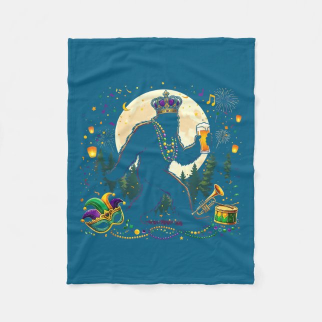 Cute Mardi Gras Bigfoot Sasquatch Drinking Fleece Blanket (Front)