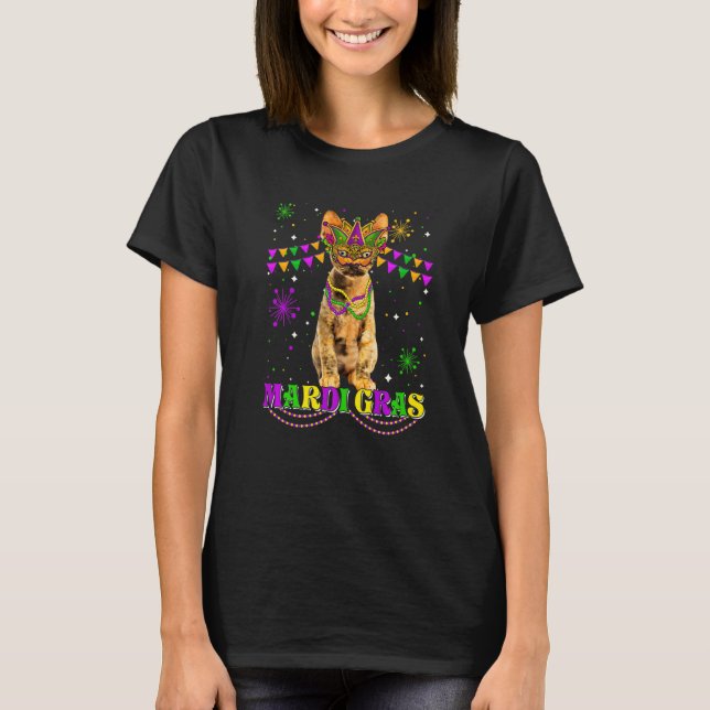 Cute Mardi Gras Cat Devon Rex Mask Beads Festival T-Shirt (Front)