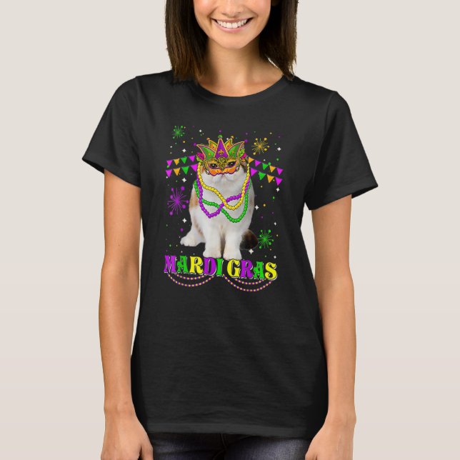 Cute Mardi Gras Cat Exotic Shorthair Mask Beads Fe T-Shirt (Front)