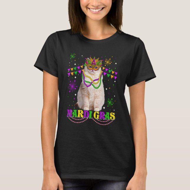 Cute Mardi Gras Cat Ragdoll Mask Beads Festival T-Shirt (Front)